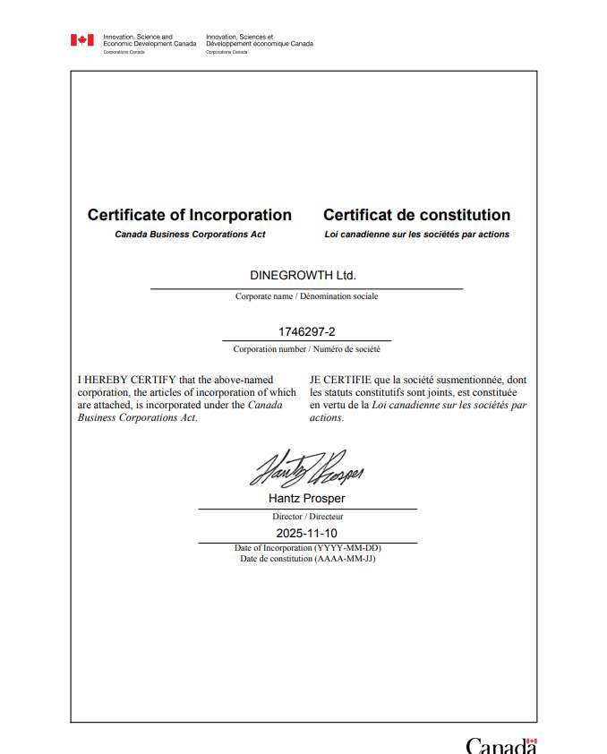 Certificate of Incorporation - DINEGROWTH Ltd.